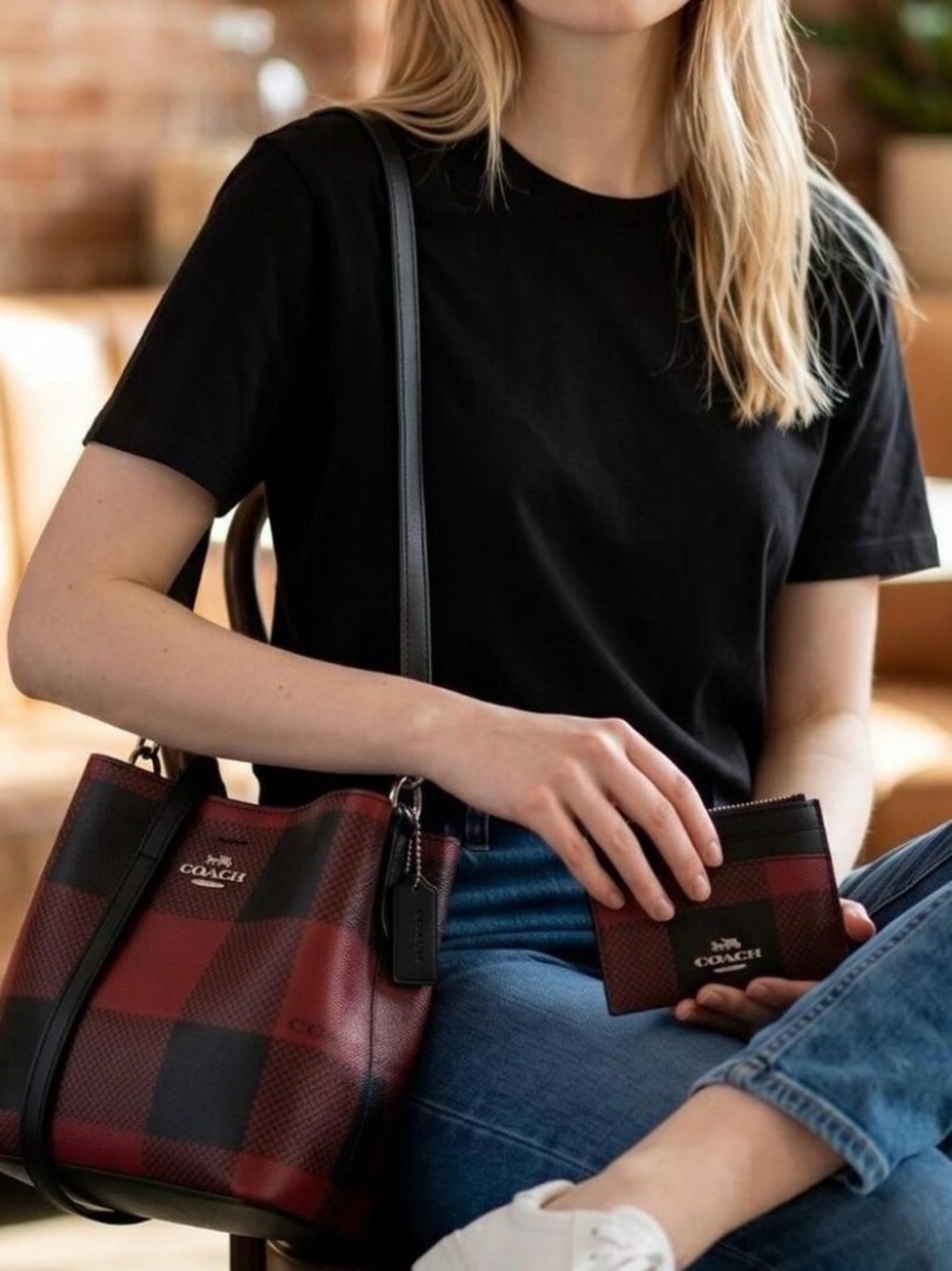 NWT Coach Mini Town Bucket Bag Black/1941 Red Buffalo Plaid Crossbody C7267